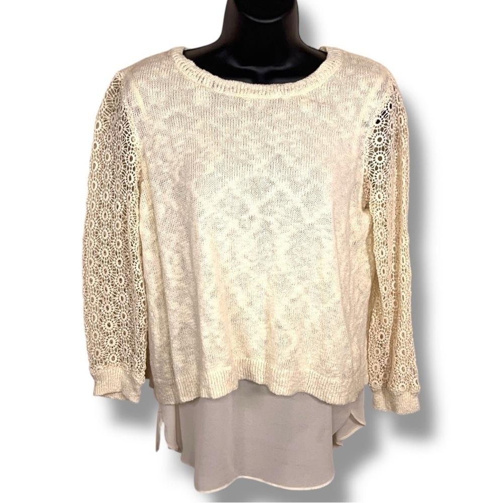 Medium Lucky Brand Ivory Cream Knit Chiffon Top Embroidered Lace  Pullover